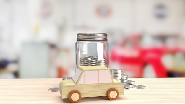 El juguete de madera del coche y las monedas de tarro para ahorrar el concepto de renderizado 3d