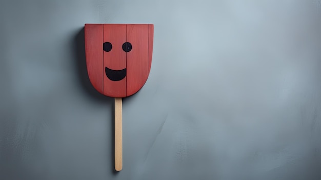 Juguete de madera con ojos sonrientes en un palo como la cabeza de un hombre de juguete en un estilo de dibujos animados lindo