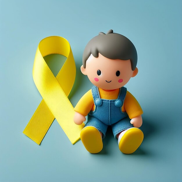 Foto juguete para niños con una cinta amarilla de concienciación sobre el cáncer infantil sobre un fondo azul