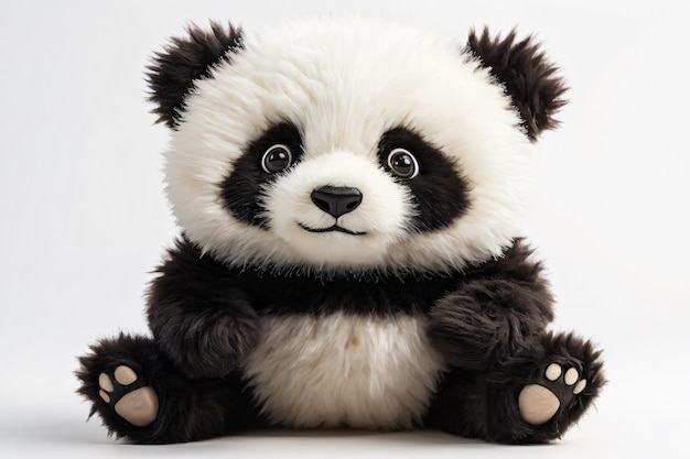 Juguete de peluche panda lindo y realista sentado aislado en un fondo blanco renderización 3D