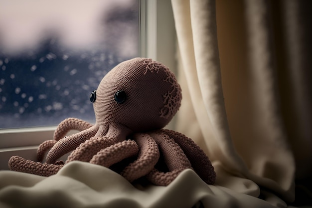 Juguete de peluche de pulpo en la ventana generativa ai