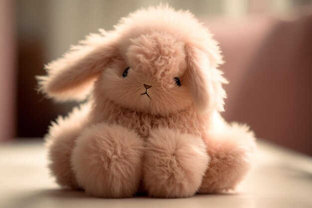 Foto juguete peluche suave conejo en la cama ia generativa