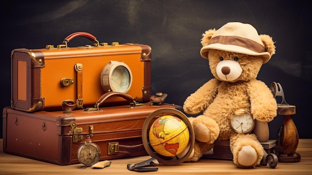 Juguete retro del oso de peluche en el avión de madera del sombrero de aviador