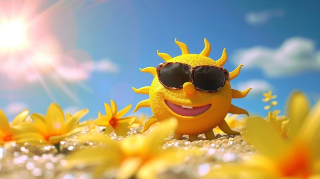 Foto juguete de sol con gafas de sol sentado en un campo de flores