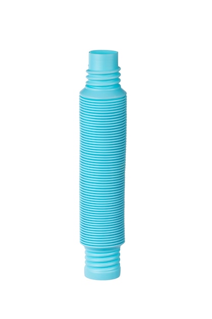 Juguete de tubo corrugado azul comprimido aislado sobre fondo blanco Juguete antiestrés