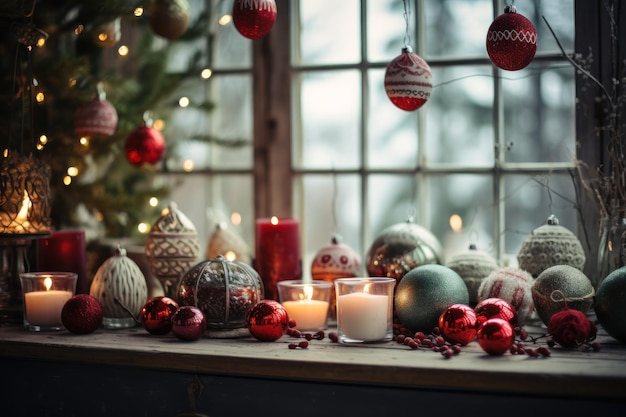 Juguetes de Año Nuevo y velas encendidas junto a la ventana estado de ánimo de Navidad generativo ai