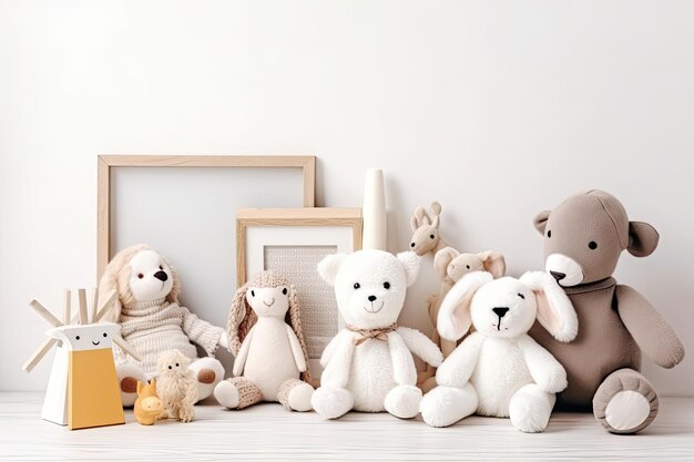 Los juguetes blandos y un marco de imágenes están en una mesa con un fondo blanco y espacio de texto Interior de una habitación infantil