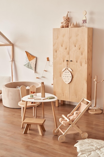 Juguetes educativos de madera para niños, decoración de guardería, sala de juegos, silla de mesa de cochecito de madera