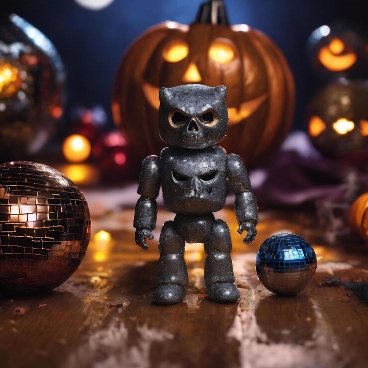 Foto juguetes espeluznantes de halloween y una pelota de discoteca