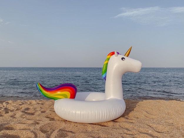 Foto juguetes de juguete en la playa contra el cielo