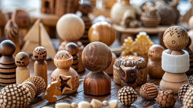 Foto juguetes de madera hechos a mano sobre un fondo brillante