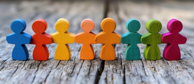 Juguetes de madera personas con formas de todos los colores tomándose de la mano para el concepto de negocio Imagen generada por IA