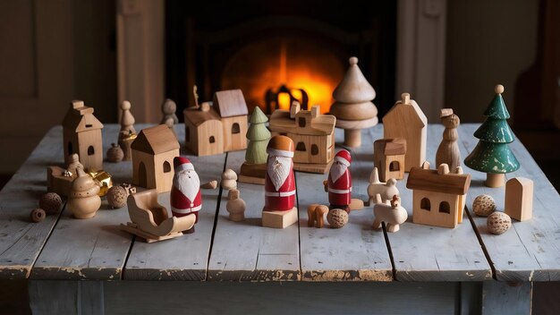 Juguetes de Navidad de madera en la mesa