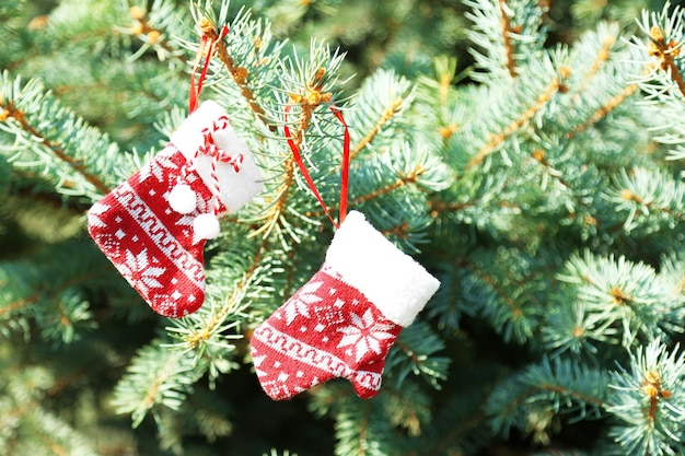 Juguetes de Navidad en la rama de abeto, al aire libre