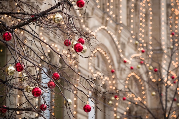 Los juguetes navideños cuelgan de las ramas y las guirnaldas brillan en la fachada de un edificio en Moscú