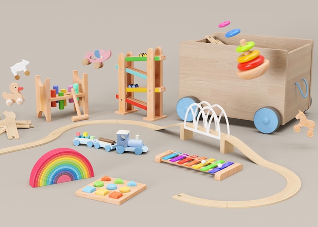 Juguetes para niños sobre fondo beige Juguetes de madera multicolores para niños pequeños o bebés Juguete ecológico libre de plástico Tienda de juguetes Representación 3d
