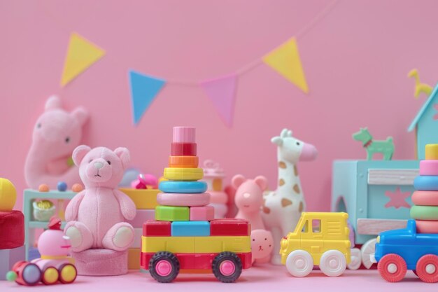 Juguetes para niños sobre fondo rosa