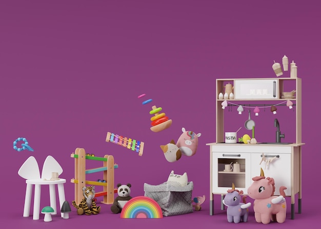 Juguetes para niños sobre fondo violeta con espacio para copiar Juguetes de madera y peluches multicolores para niños pequeños o bebés Juegue a la cocina con platos de madera Espacio vacío para su publicidad de texto Representación 3d