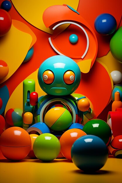 Foto juguetes y pelotas de colores en una mesa de madera