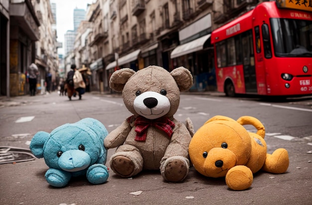 Juguetes de peluche viejos y maltratados yacen en la calle El basurero de los juguetes abandonados IA generativa