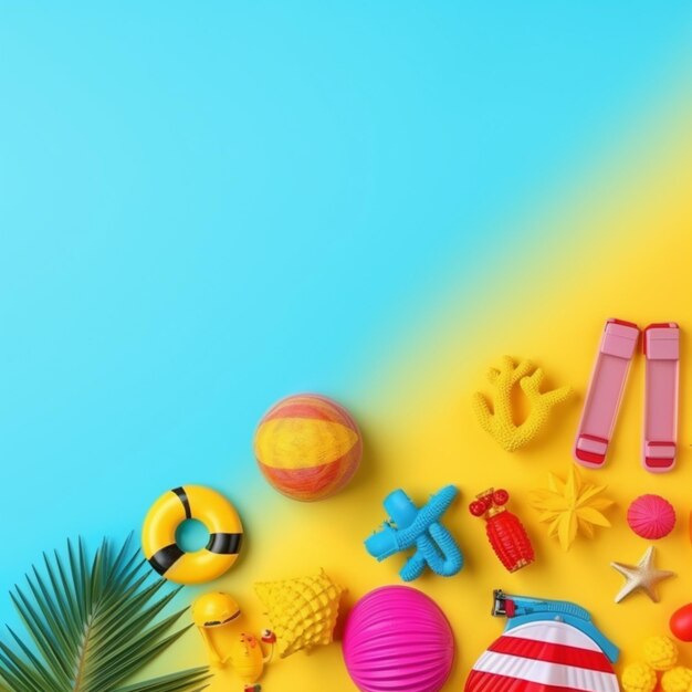 Foto juguetes de playa sobre un fondo amarillo y azul.