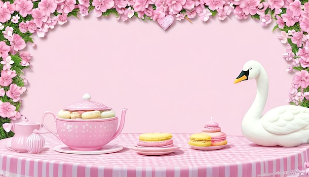 Foto los juguetes rosados y una taza de café en un mantel rosa