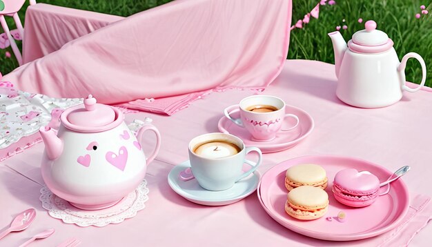 Foto los juguetes rosados y una taza de café en un mantel rosa