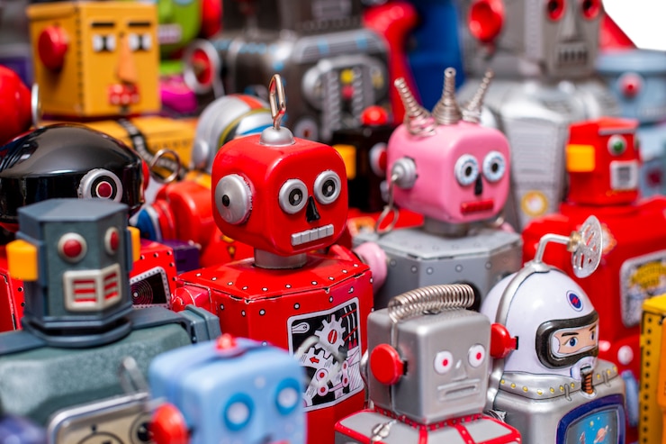 Foto juguetes vintage robot de hojalata