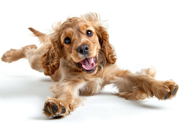 El juguetón Cocker Spaniel inglés posando felizmente sobre un fondo blanco