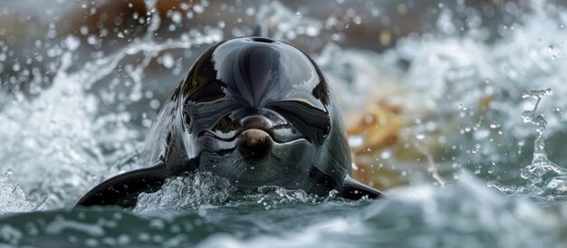 El juguetón delfín negro nadando en el agua