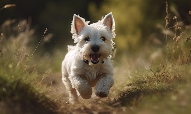 juguetón feliz lindo sonriente perro mascota cachorro corriendo saltando en la hierba generativa IA