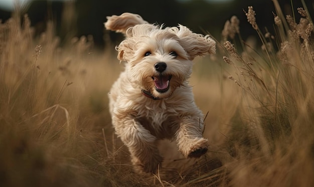 juguetón feliz lindo sonriente perro mascota cachorro corriendo saltando en la hierba generativa IA