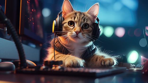 Juguetón Gamer Cat Funny Feline en auriculares Creado con herramientas generativas de IA