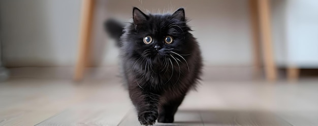 El juguetón gato persa negro en un entorno minimalista elegante Concepto Fotografía de mascotas El gato negro posa en un ambiente minimalista Estética elegante