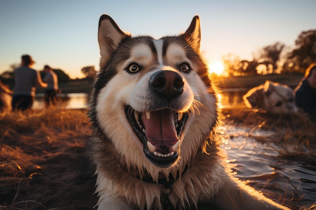 Un juguetón husky siberiano participa en el parque cerca del lago generado por ai