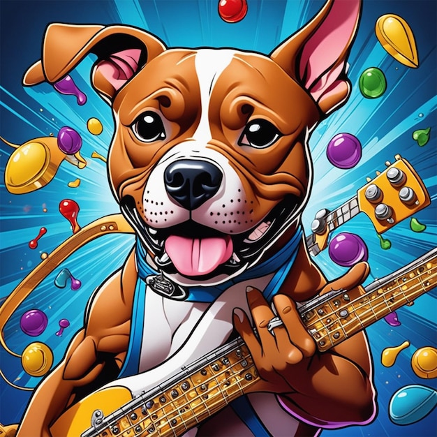 Un juguetón perro Pitbull tocando un bajo capturado en un estilo de cómic vibrante y dinámico