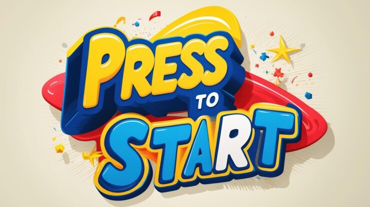 Foto juguetón presiona para iniciar el logotipo de una aplicación de juegos con un botón de inicio animado