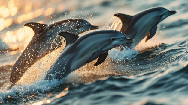 Una juguetona familia de delfines saltando alegremente a través de las brillantes olas del océano