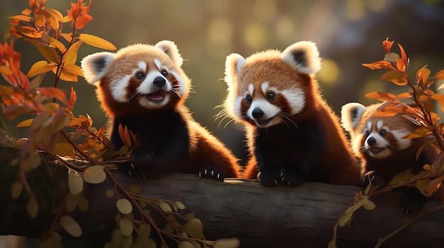 Foto la juguetona familia de pandas rojos captura un momento en su hábitat natural