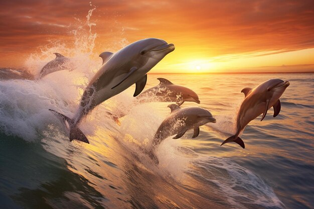 Foto juguetones delfines saltando sobre olas rompientes generativas por ia
