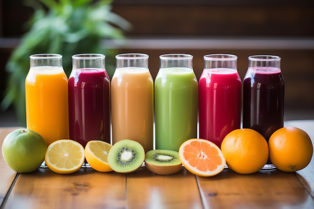 Juice Cleanse Detox con una variedad de jugos frescos