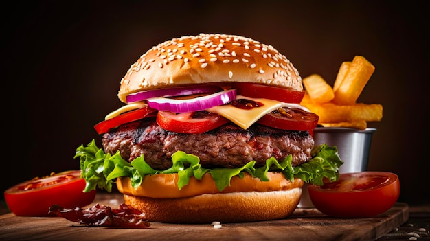 Juicy Beef Burger CloseUp en una mesa de madera Deliciosa comida rápida con papas fritas para Epicure Foodies