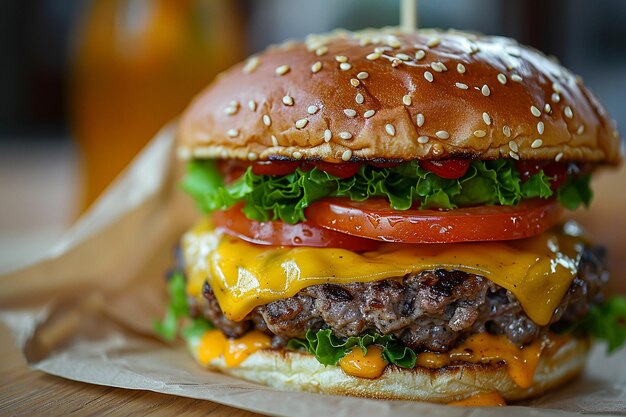 Juicy cheeseburger em close-up