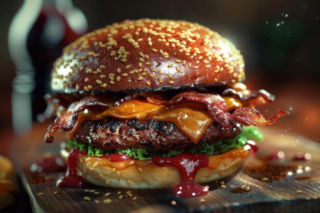 Juicy cheeseburger de tocino con ingredientes frescos y pan de sésamo