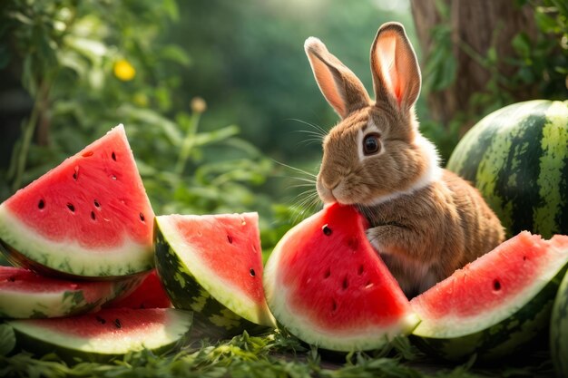 Juicy Delight Fotorealistische Nahaufnahme eines entzückenden Kaninchens, das Wassermelone genießt