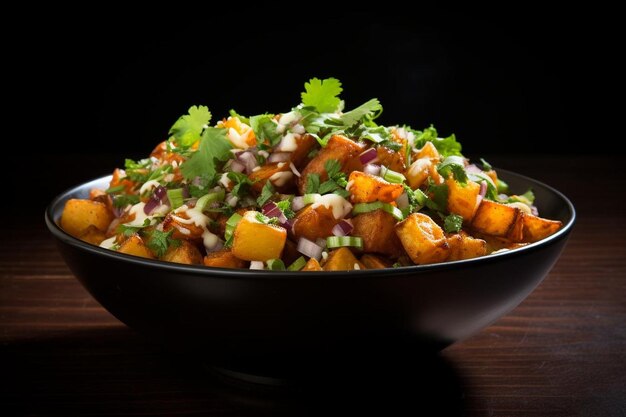 Juicy Sweet Potato Chaat Aloo Chaat Em fundo branco Alu chat é uma comida de rua popular