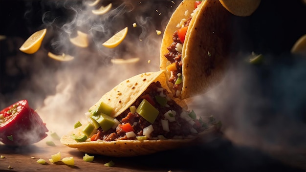 Juicy Tacos caindo de cima com fumaça