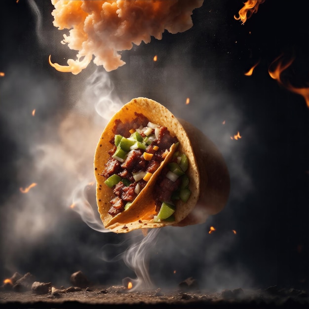 Juicy Tacos caindo de cima com fumaça