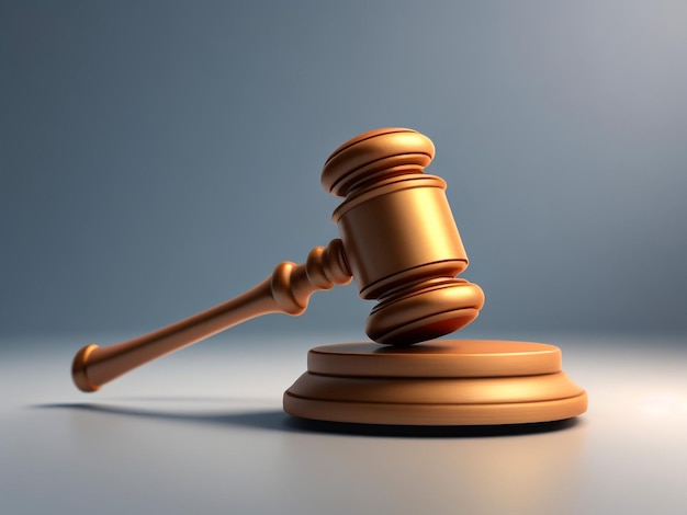 Juiz, advogado e conceito de Justiça com uma renderização em 3D de um martelo em um escritório de madeira com fundo marrom
