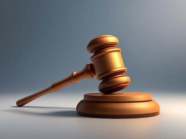 Juiz, advogado e conceito de Justiça com uma renderização em 3D de um martelo em um escritório de madeira com fundo marrom